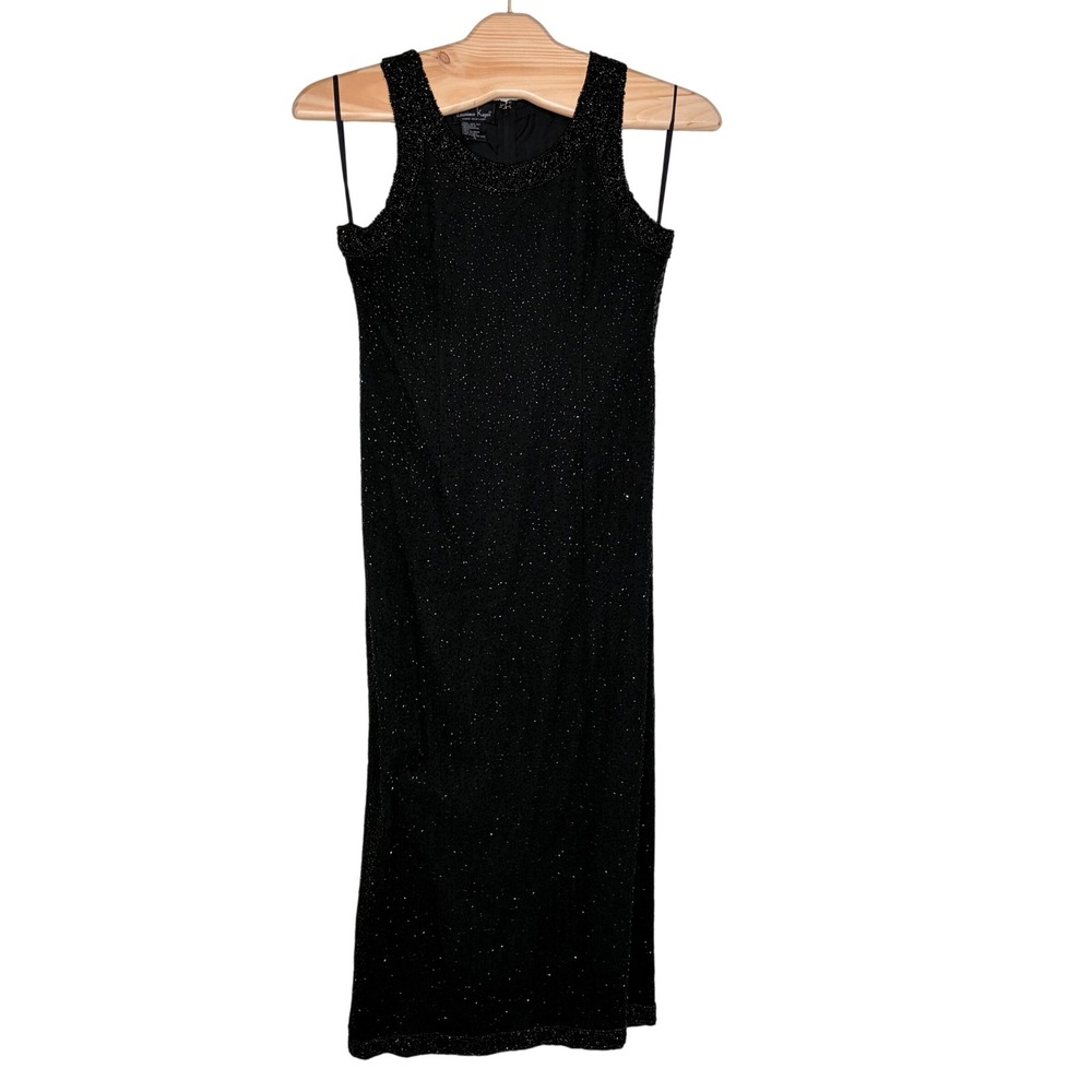 Vintage Laurence Kazar Black Beaded‎ Silk Sheath Evening Gown Maxi Dress XL Glam